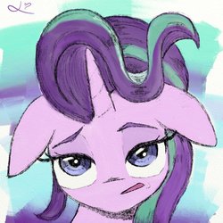 Size: 1000x1000 | Tagged: safe, artist:achmeddb, starlight glimmer, pony, unicorn, g4, the parent map, blowing, female, floppy ears, hair, raised eyebrow, solo