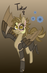 Size: 581x900 | Tagged: safe, artist:eppyminecart, oc, oc only, oc:tinker (ice1517), cyborg, pegasus, pony, icey-verse, amputee, augmented, brown background, female, gradient background, mare, next generation, offspring, parent:derpy hooves, parent:doctor whooves, parents:doctorderpy, prosthetic limb, prosthetic wing, prosthetics, simple background, solo