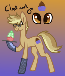 Size: 583x675 | Tagged: safe, artist:eppyminecart, oc, oc only, oc:clockwork (ice1517), earth pony, pony, icey-verse, cupcake, food, glasses, gradient background, male, next generation, offspring, oven mitts, parent:derpy hooves, parent:doctor whooves, parents:doctorderpy, solo, stallion, tray