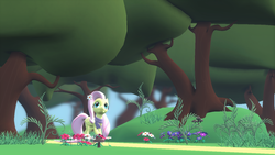 Size: 1366x768 | Tagged: safe, artist:windywhirlytwirly, fluttershy, pony, g4, 3d, clothes, female, flower, forest, gmod, grass, mushroom, plants, scarf, solo, tree