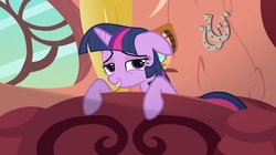 Size: 1776x998 | Tagged: safe, screencap, twilight sparkle, pony, g4, secret of my excess, bed, female, golden oaks library, grin, smiling, solo