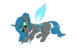 Size: 1650x1169 | Tagged: safe, artist:qtluna, derpibooru exclusive, oc, oc only, oc:queen polistae, changeling, changeling queen, blue changeling, changeling oc, changeling queen oc, fangs, female, gift art, hair bun, horn, messy mane, morning ponies, no catchlights, on side, queen, simple background, solo, transparent background, transparent wings, wings