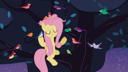 Size: 1280x720 | Tagged: safe, screencap, constance, fluttershy, bird, blue jay, pony, songbird, g4, sweet and elite, female, flock, mare, sitting in a tree, tree