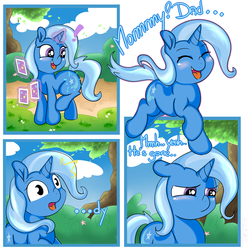 Size: 3000x3000 | Tagged: safe, artist:saralien, trixie, pony, unicorn, g4, card, comic, cute, cutie mark, diatrixes, feels, female, floppy ears, high res, magic, mare, sad, sad pony, solo