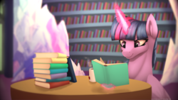 Size: 1920x1080 | Tagged: safe, artist:equestrian-downfall, twilight sparkle, alicorn, pony, g4, book, female, glowing horn, horn, magic, reading, solo, telekinesis, twilight sparkle (alicorn), twilight's castle