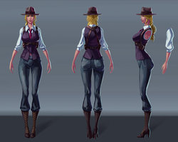 Size: 1024x814 | Tagged: safe, artist:sunset tide, applejack, human, g4, boots, clothes, cold war, fedora, female, gray background, hat, high heel boots, humanized, jeans, necktie, pants, shoes, simple background, solo, species swap, suit, waistcoat