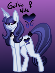 Size: 504x662 | Tagged: safe, artist:eppyminecart, oc, oc only, oc:gothic note, pony, unicorn, icey-verse, choker, eyeshadow, female, gradient background, magical lesbian spawn, makeup, mare, next generation, offspring, parent:inky rose, parent:moonlight raven, parents:inkyraven, purple background, simple background, solo, tail wrap