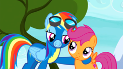 Size: 1920x1080 | Tagged: safe, screencap, rainbow dash, scootaloo, pegasus, pony, g4, newbie dash, bedroom eyes, clothes, female, filly, goggles, hoof on shoulder, lidded eyes, mare, out of context, uniform, wonderbolts uniform