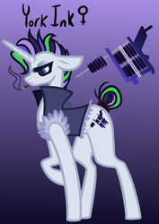 Size: 594x840 | Tagged: safe, artist:eppyminecart, oc, oc only, oc:york ink, pony, unicorn, icey-verse, cigarette, clothes, eyeshadow, female, gradient background, jacket, magical lesbian spawn, makeup, mare, offspring, parent:inky rose, parent:moonlight raven, parents:inkyraven, punk, purple background, simple background, smoking, solo, tail wrap