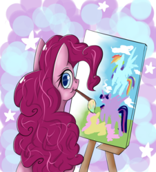 Size: 1024x1135 | Tagged: safe, artist:shylaart, pinkie pie, earth pony, pony, g4, abstract background, drawing, easel, fanart, female, mane six opening poses, mouth hold, paintbrush, painting, simple background, solo, starry eyes, transparent background, wingding eyes
