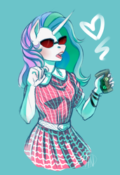 Size: 885x1296 | Tagged: safe, artist:1an1, princess celestia, anthro, g4, clothes, dress, drink, female, heart, mare, simple background, solo, sunglasses