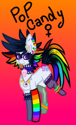 Size: 495x822 | Tagged: safe, artist:eppyminecart, oc, oc only, oc:pop candy (ice1517), earth pony, pony, icey-verse, anklet, choker, clothes, collar, ear piercing, earring, eyebrow piercing, female, gradient background, jewelry, magical lesbian spawn, mare, necklace, nose piercing, offspring, parent:inky rose, parent:moonlight raven, parents:inkyraven, piercing, rainbow socks, scene, scene kid, socks, solo, spiked wristband, stockings, striped socks, thigh highs, tongue out, tongue piercing, torn clothes, wristband