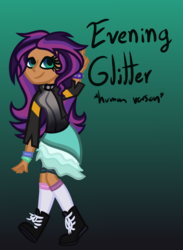 Size: 550x750 | Tagged: safe, artist:eppyminecart, oc, oc only, oc:evening glitter, human, icey-verse, boots, choker, clothes, dress, female, gradient background, green background, humanized, humanized oc, jacket, leather jacket, magical lesbian spawn, next generation, offspring, parent:starlight glimmer, parent:sunset shimmer, parents:shimmerglimmer, shoes, shorts, simple background, socks, solo, spiked choker, spiked wristband, wristband