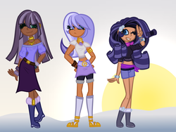 Size: 1024x768 | Tagged: safe, artist:eppyminecart, oc, oc only, oc:cyathea jade, oc:jasmine teff, oc:opal callicarpa, human, icey-verse, belt, boots, bracelet, clothes, dark skin, female, hand on hip, humanized, humanized oc, jewelry, magical lesbian spawn, midriff, necklace, next generation, offspring, one eye closed, parent:rarity, parent:zecora, parents:raricora, shoes, short shirt, shorts, skirt, socks, stockings, sweater, thigh highs, wink