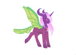 Size: 1750x1275 | Tagged: safe, artist:ocean-drop, oc, oc only, oc:amaranthine, changedling, changeling, changepony, hybrid, antlers, female, horn, insect wings, interspecies offspring, next generation, offspring, parent:thorax, parent:twilight sparkle, parents:twirax, raised hoof, simple background, solo, white background