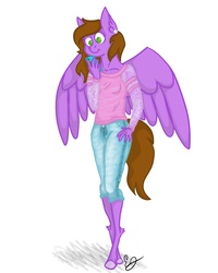 Size: 1200x1500 | Tagged: safe, artist:lilac pone, oc, oc:lilac sciath, pegasus, anthro, unguligrade anthro, anthro oc, blue jeans, blue phone case, breasts, brown mane, brown tail, button, cellphone, clothes, collarbone, contrapposto, curvy, digital, digital art, ear piercing, earring, female, firealpaca, green eyes, hips, hooves, hourglass figure, iphone, jeans, jewelry, lace, long legs, long sleeved shirt, mane, mare, outfit, pants, phone, piercing, pink shirt, purple, skinny, skinny jeans, solo, spread wings, standing, stylish, thin, tight jeans, wavy hair, wings