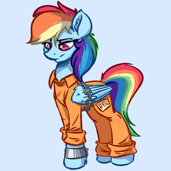 Size: 4000x4000 | Tagged: safe, artist:witchtaunter, rainbow dash, pegasus, pony, g4, absurd resolution, abuse, b-f16, bound wings, clothes, commission, commissioner:rainbowdash69, cuffs, dashabuse, female, jumpsuit, mare, never doubt rainbowdash69's involvement, prison outfit, prisoner rd, solo