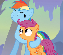 Size: 1240x1080 | Tagged: safe, screencap, rainbow dash, scootaloo, pegasus, pony, g4, sleepless in ponyville, ^^, cropped, cute, dream, duo, eyes closed, female, filly, foal, folded wings, hug, mare, scootalove, smiling, wings