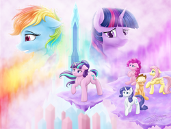 Size: 1024x768 | Tagged: safe, artist:novaintellus, applejack, fluttershy, pinkie pie, rainbow dash, rarity, starlight glimmer, twilight sparkle, earth pony, pegasus, pony, unicorn, fanfic:little consequences, g4, crystal empire, dirt cube, fanfic art, female, mane six, mare