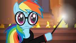 Size: 1890x1080 | Tagged: safe, artist:nidrax, rainbow dash, pony, g4, crossover, female, fire, glasses, harry potter (series), solo, wand