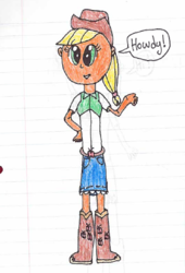 Size: 318x468 | Tagged: safe, alternate version, artist:nightshadowmlp, applejack, equestria girls, g4, belt, clothes, colored, cowboy hat, dialogue, female, hat, lined paper, smiling, solo, stetson, traditional art