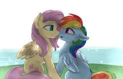 Size: 1594x1018 | Tagged: safe, artist:haruhi-il, fluttershy, rainbow dash, pegasus, pony, g4, duo, female, floppy ears, lesbian, looking into each others eyes, ship:flutterdash, shipping