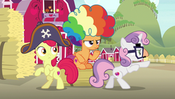 Size: 1280x720 | Tagged: safe, screencap, apple bloom, scootaloo, sweetie belle, earth pony, pegasus, pony, unicorn, g4, hard to say anything, apple tree, bipedal, cute, cutie mark crusaders, disguise, dressup, female, filly, hat, hay bale, pirate hat, rainbow wig, raised hoof, sweet apple acres, tree
