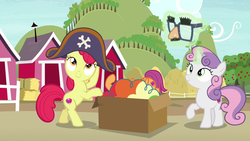 Size: 1280x720 | Tagged: safe, screencap, apple bloom, scootaloo, sweetie belle, earth pony, pegasus, pony, unicorn, g4, hard to say anything, apple tree, bipedal, bipedal leaning, box, clothes, costume, cutie mark crusaders, dressup, female, filly, glowing horn, hat, hay bale, horn, leaning, magic, pirate hat, sweet apple acres, telekinesis, tree