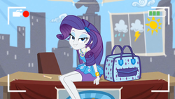 Size: 1920x1080 | Tagged: safe, screencap, rarity, best trends forever, equestria girls, g4, my little pony equestria girls: better together, bedroom eyes, bracelet, camcorder, clothes, desk, female, geode of shielding, grin, handbag, jewelry, legs, lidded eyes, looking at you, pencil, pencil skirt, rarity peplum dress, recording, sitting, skirt, smiling, solo, stupid sexy rarity