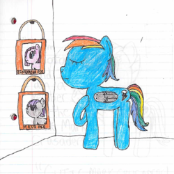 Size: 656x656 | Tagged: safe, artist:nightshadowmlp, maud pie, pinkie pie, rainbow dash, g4, alternate timeline, crystal war timeline, dead, frame, lined paper, memorial, pictures, prosthetic wing, room, sad, traditional art, wall