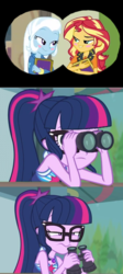 Size: 716x1600 | Tagged: safe, sci-twi, sunset shimmer, trixie, twilight sparkle, equestria girls, equestria girls series, forgotten friendship, g4, unsolved selfie mysteries, binoculars, clothes, female, glasses, implied lesbian, implied scitwishimmer, implied shipping, implied twixie, lesbian, ship:suntrix, shipping, spy-twi, spying, swimsuit