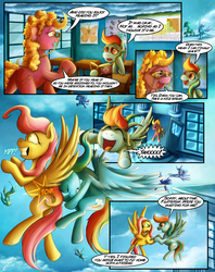 Size: 1935x2449 | Tagged: safe, artist:jamescorck, fluttershy, rainbow dash, oc, earth pony, pony, comic:i will never leave you, g4, book, cloud, comic, female, filly, filly fluttershy, filly rainbow dash, flying, glasses, holding hooves, mare, younger
