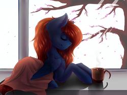 Size: 1600x1200 | Tagged: dead source, safe, artist:freckleplant, oc, oc only, oc:night coder, pegasus, pony, blanket, chocolate, cottagecore, cup, eyes closed, female, flower, food, hot chocolate, mare, marshmallow, mug, relaxing, smiling, solo, steam, tree, window, wings, ych result
