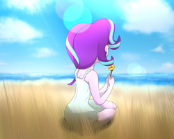 Size: 1280x1024 | Tagged: safe, artist:fotasy, starlight glimmer, equestria girls, g4, beach, clothes, dress, female, flower, rear view, sky, solo, water