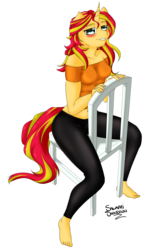 Size: 1906x3235 | Tagged: safe, artist:salamishowdown, sunset shimmer, unicorn, anthro, plantigrade anthro, g4, barefoot, belly button, blushing, chair, clothes, feet, female, leggings, lip bite, simple background, sitting, solo, transparent background