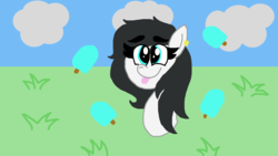 Size: 1920x1080 | Tagged: safe, artist:cherry1cupcake, oc, oc only, oc:frostie, pony, g4, cloud, cloudy, ear piercing, food, happy, ice cream, piercing, popsicle, sea salt ice cream, solo, tongue out