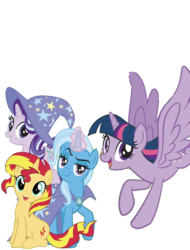 Size: 877x1151 | Tagged: dead source, safe, artist:php77, editor:php77, starlight glimmer, sunset shimmer, trixie, twilight sparkle, alicorn, pony, unicorn, g4, simple background, transparent background, twilight sparkle (alicorn)