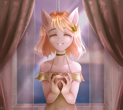 Size: 900x800 | Tagged: safe, artist:alicesmitt31, oc, oc only, earth pony, anthro, anthro oc, bowl, curtains, digital art, ear piercing, eyes closed, female, mare, nail polish, piercing, signature, smiling, solo, standing, window, ych result