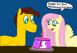 Size: 3204x2196 | Tagged: safe, artist:sb1991, fluttershy, oc, oc:film reel, pegasus, pony, g4, anniversary, cake, candle, dialogue, equestria amino, food, high res, logo, missing cutie mark, speech bubble