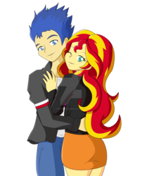 Size: 1024x1270 | Tagged: safe, artist:agentsuchiko, flash sentry, sunset shimmer, equestria girls, g4, clothes, colored pupils, cute, female, looking at you, male, one eye closed, ship:flashimmer, shipping, simple background, skirt, straight, transparent background, watermark, wink