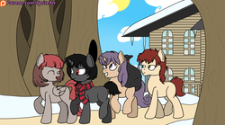 Size: 1800x1000 | Tagged: safe, artist:spritepony, oc, oc only, oc:ada, oc:claudia, oc:dismas, oc:gestas, pony, clothes, d'lirium, forest, loot bag, museum, pacifist ending, patreon, patreon link, patreon logo, scarf, smiling, walking, winter