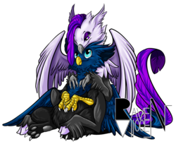 Size: 836x683 | Tagged: safe, artist:allocen, oc, oc only, oc:eid, oc:ravyne, griffon, hippogriff, claws, female, fluffy, hug, male, paw pads, paws, shipping, simple background, size difference, straight, talons, transparent background, wings