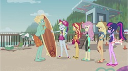 Size: 1696x946 | Tagged: safe, artist:php77, edit, edited screencap, editor:php77, screencap, applejack, fluttershy, gladys, rainbow dash, sci-twi, sunset shimmer, twilight sparkle, zephyr breeze, blue crushed, equestria girls, equestria girls series, g4, barefoot, clothes, feet, geode of super speed, magical geodes, male, male feet, partial nudity, selfie drone, surfboard, swimsuit, topless