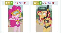 Size: 540x295 | Tagged: safe, edit, edited screencap, screencap, pinkie pie, sunset shimmer, derpibooru, equestria girls, g4, my little pony equestria girls: better together, unsolved selfie mysteries, beach, beach shorts swimsuit, bikini, clothes, female, geode of empathy, geode of sugar bombs, juxtaposition, meta, snorkel, sunset shimmer's beach shorts swimsuit, swimsuit, umbrella, when she doesn't smile