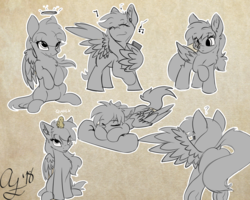 Size: 1280x1024 | Tagged: safe, artist:aurorafang, oc, oc only, oc:cherishquill, duck, pegasus, pony, chest fluff, halo, music, music notes, pillow, quack, sitting, underhoof, wings
