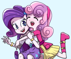 Size: 3000x2500 | Tagged: safe, artist:rockset, rarity, sweetie belle, equestria girls, g4, accessory, boots, clothes, cute, diasweetes, duo, eyes closed, female, high res, hug, jacket, open mouth, raribetes, shoes, sisters, skirt, smiling