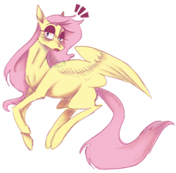 Size: 1280x1254 | Tagged: safe, artist:kotowataczekolada, fluttershy, pegasus, pony, g4, exclamation point, female, flying, lidded eyes, mare, missing cutie mark, open mouth, simple background, solo, transparent background