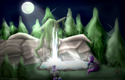 Size: 1024x657 | Tagged: safe, artist:kotowataczekolada, princess flurry heart, twilight sparkle, alicorn, pony, g4, crying, duo, forest, fountain, mare in the moon, moon, older, older flurry heart, pond, sitting, statue, twilight sparkle (alicorn), waterfall