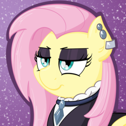 Size: 2000x2000 | Tagged: safe, artist:ashtoneer, fluttershy, pony, fake it 'til you make it, g4, bust, ear piercing, eyeshadow, female, fluttergoth, goth, high res, makeup, piercing, simple background, solo