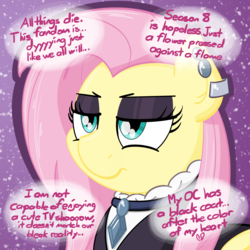 Size: 2000x2000 | Tagged: safe, artist:ashtoneer, fluttershy, pony, fake it 'til you make it, g4, bust, dialogue, ear piercing, eyeshadow, female, fluttergoth, goth, high res, makeup, piercing, simple background, solo, text